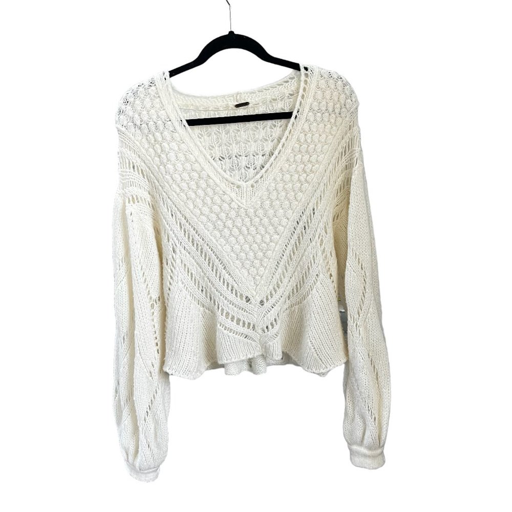 Free People Cream Oversized Crochet Boho V-Neck Sweater Women's Size S
